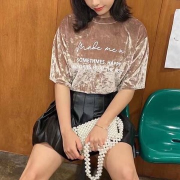 ANNAS 正韓 金絲絨 上衣 短袖 T 絲絨 絨布 鑽石絨 字母 性感 聖誕節 跨年 派對 韓國