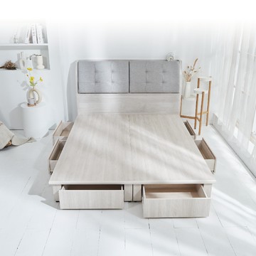 【藤原傢俬】白梧桐雙USB貓抓皮靠枕床頭箱+新6抽木芯板床架/床底5尺雙人