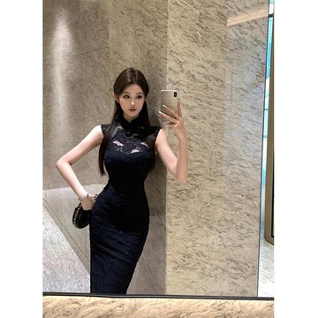 【桃喜Rich女裝】新中式洋裝 黑色旗袍 純欲性感蕾絲長洋 修身顯瘦 改良版無袖旗袍 國風復古連衣裙 派對宴會洋裝