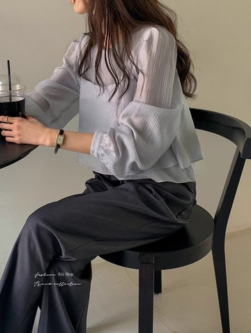 紋理壓褶兩件套／秋季疊穿百搭長袖上衣+背心 Set－【350536】