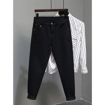 黑色牛仔褲男2024年新款春秋季韓版潮流修身小腳彈力百搭九分褲子