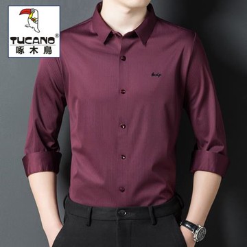 啄木鳥喜爸爸裝結婚宴禮服公公加絨長袖襯衫男士酒紅冬季保暖襯衣