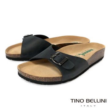 【TINO BELLINI 貝里尼】義大利進口 BIONATURA 腳床舒適鞋 男款 真皮 軟木軟底 拖鞋 HM0B003-U(黑瘋)
