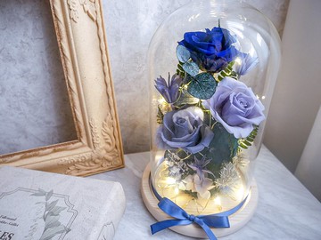 不凋花玻璃罩夜燈【靜謐藏藍】永生花/新婚/七夕情人節/母親節