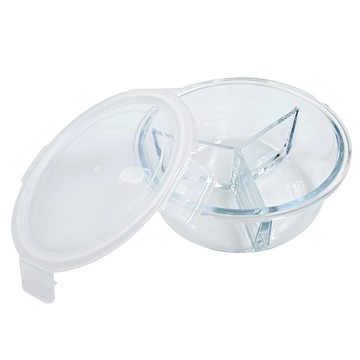 圓形三格玻璃保鮮盒/便當盒 高硼硅耐熱玻璃材質 適用於微波爐/烤箱/電鍋 密封防漏  透明色  1個