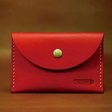 隨手名片夾/零錢包-圓 真皮手縫 (紅色)
