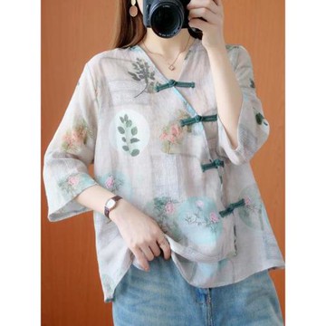 大碼女裝文藝印花V領新中式亞麻襯衣2025春夏季盤扣棉麻襯衫上衣