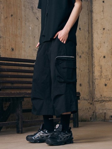 多口袋工裝七分褲廓形打褶直筒中褲寬松休閒短褲