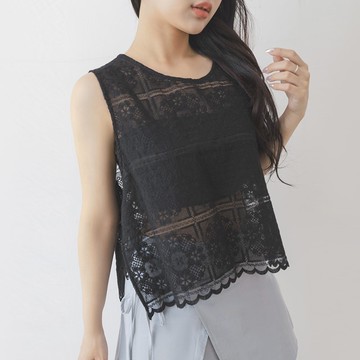 【PolyLulu】 鉤針蕾絲側綁帶圓領背心 中大尺碼上衣