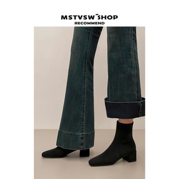 婭館  彈力靴女短靴春秋馬丁靴女2025新款瘦瘦靴高跟粗跟中筒襪靴