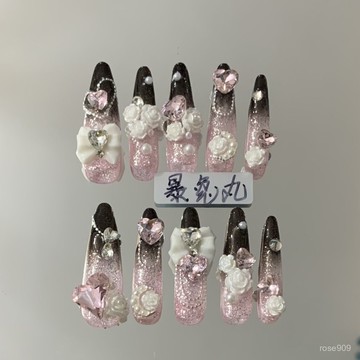 ✨Hannah✨地雷係黑粉漸變38mm長尖圓愛心翅膀顯白穿戴甲手工製作可反複使用美甲師暴兔丸 8JVU