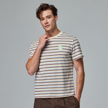 moz瑞典 駝鹿 愛心駝鹿 舒適柔棉 100%純棉條紋短T-米色條紋(亞洲版)男款