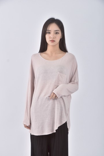 (F) velvet質感圓領粉色長袖上衣