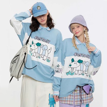 男士蜜蜂小狗長袖T恤 情侶polo衫拼接上衣