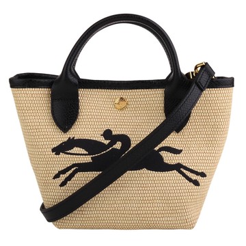 LONGCHAMP Le Pliage 亞麻材質刺繡大黑馬兩用水餃包(卡其)mini