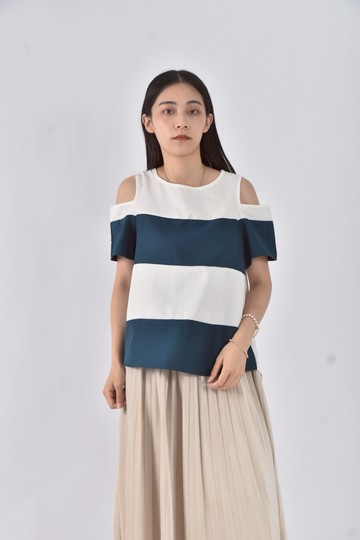 (M) shein條紋露肩白色短袖上衣