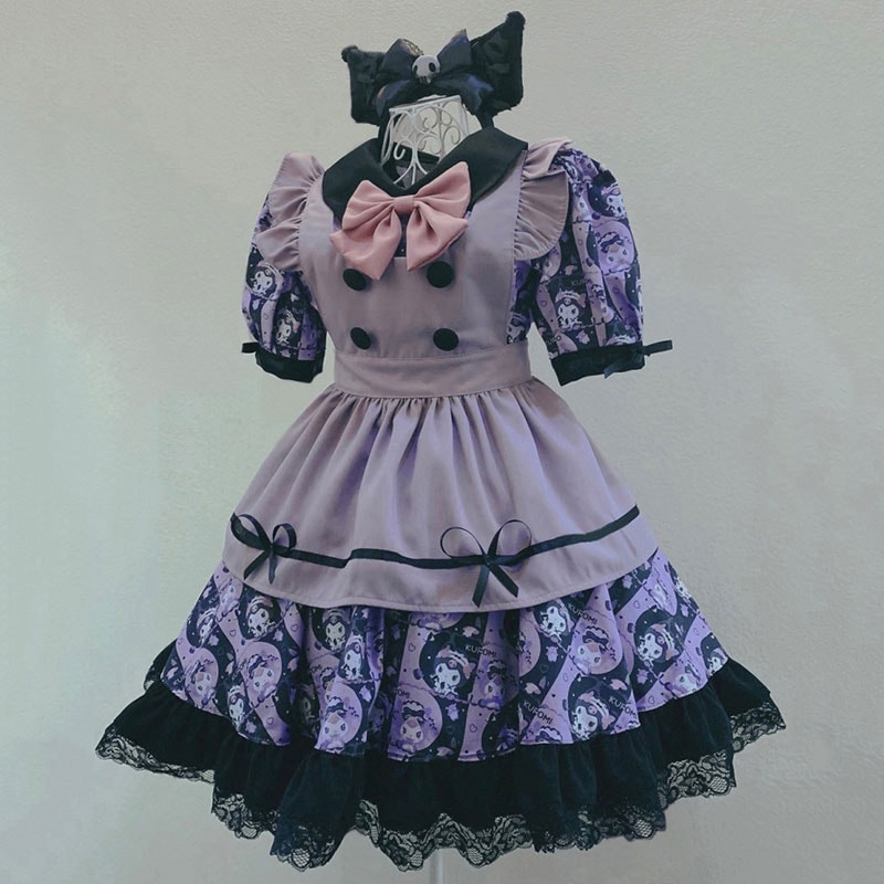 可愛いウサギ カフェメイド服 Kuromi柄 クロミ総柄 ワンピース ロング