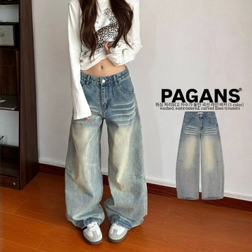 【PAGANS STORE】美式 復古 刺繡 水洗 刷白 做舊 線條 符號 彎刀褲 牛仔褲 牛仔 彎刀 長褲