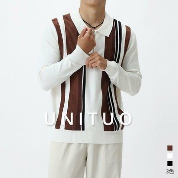 輕奢老錢風翻領條紋上衣針織衫男士長袖Polo衫高級感秋冬套頭毛衣鑫弘-衣錦男裝