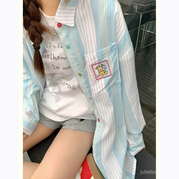 ♡ 𝑪𝒉𝒊𝒄 𝒖 ♡韓係薄荷藍色條紋襯衫女春秋新款設計感翻領休閒百搭開衫外套
