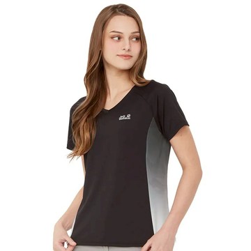 【Jack Wolfskin 飛狼】滿額折300★女 漸層印花V領短袖涼感排汗衣 T恤『黑』(171060)