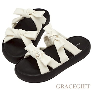 【Grace Gift】Y3K甜酷澎澎蝴蝶結雲感厚底涼鞋 米白