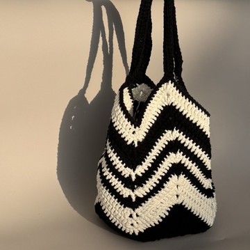 手工編織包 肩背包 手提包 單肩包 氣球包 - 黑白方底鏤空包