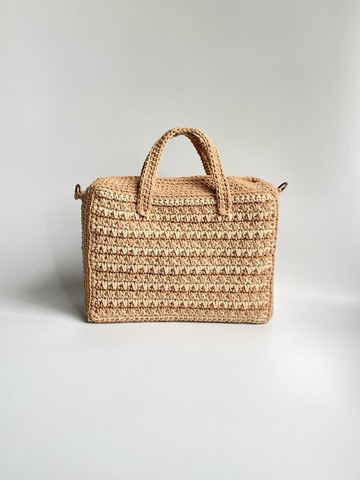 棉線編織手挽斜背兩用拼色復古手提箱包