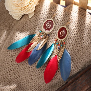 新款民族風橢圓長款流蘇羽毛耳環復古鏈條米珠耳釘時尚飾品耳飾