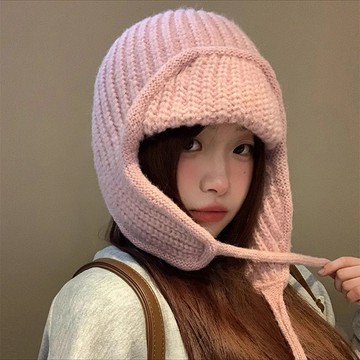 ✨精選好物✨秋冬粉色針織雷鋒帽  秋冬毛線帽女 繫帶護耳飛行帽 保暖百搭顯臉小毛線帽 滑雪雷鋒帽子 交換禮物 粉色雪地帽