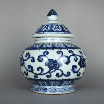 大明宣德青花手繪纏枝蓮蓋罐茶葉罐 古玩古董陶瓷器 仿古老貨收藏