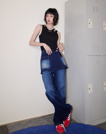 A｜顯瘦刷色不對稱腰頭兩件式牛仔褲(兩色)