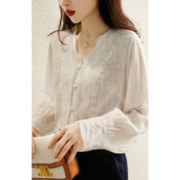 法式浮雕繡花襯衫女白色2025春秋款長袖獨特別致氣質法式棉麻上衣