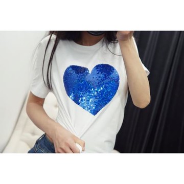 個性DiY變色亮片高質量純棉短袖夏百變桃心愛心T恤女白色黑色創意