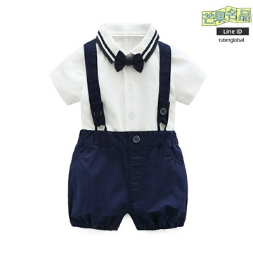 【週歲紳士】男童揹帶褲套裝 寶寶禮服 週歲服 男童套裝 兒童西裝 海軍風三件套 帥氣紳士領結 夏季薄款 週歲生日宴
