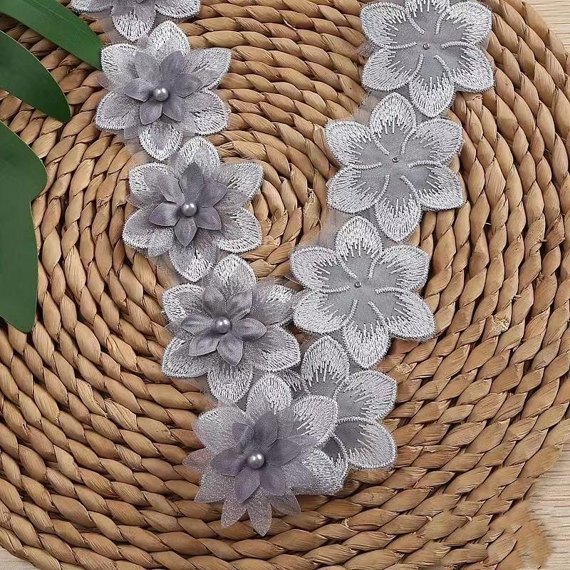 レースリボン 花柄 ハンドメイド ビーズ付き 手芸 手作り ウェディングドレスパーツ 刺繍 2m B083 | LINEショッピング