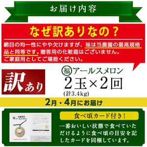 ふるさと納税 ＜訳あり！定期便・全2回(2月・4月)＞マル福の高級アールスメロン(2玉×2回・計6.8kg) 鹿児島県東串良町