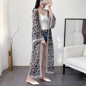蕾絲防曬開衫中長款夏新款刺繡外搭洋氣罩衫沙灘披肩防曬衣女外套