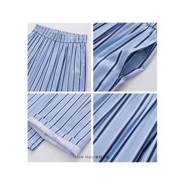 From Mars 有一點藍 韓版流行豎條紋百搭慵懶風休閑闊腿男女長褲