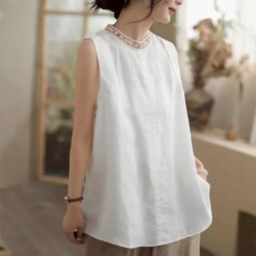 設計所在 棉麻隨性風  亞麻背心休閒無袖寬鬆拼接上衣(3色可選)