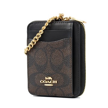 COACH 緹花LOGO鍊帶證件零錢包-咖啡黑