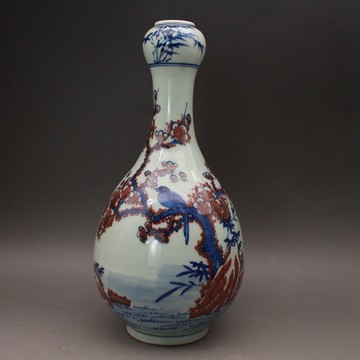 清康熙青花釉里紅手繪花鳥蒜頭瓶花瓶古玩古董陶瓷器仿古老貨收藏