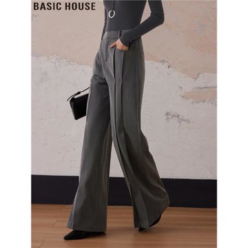 Basic House/百家好閑適有味垂感顯瘦拖地闊腿灰色西裝褲女士秋冬