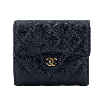 CHANEL 經典荔枝紋菱格三折中短夾(金色/黑色)