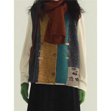 拼色馬甲針織衫女拼接背心百搭學院風寬松疊穿短款坎肩無袖馬夾潮