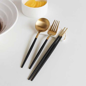 menare Menars Plus Gold 黑色湯匙叉子4人餐具組  黑色  12個  湯匙 4入+筷子 4入+叉子 4入