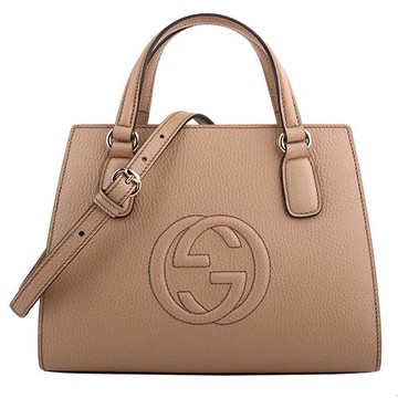 GUCCI 雙G浮印皮革手提斜背包黛妃包(奶茶)中