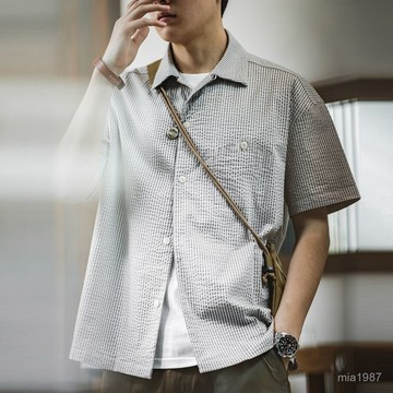 【山核桃細紋】馬登工裝 美式休閒泡泡紗細條紋短袖襯衫肌理感翻領半袖襯衣男夏