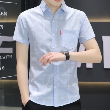 2025新款冰絲短袖襯衫男夏季薄款有口袋襯衣韓版休閑免燙格子上衣