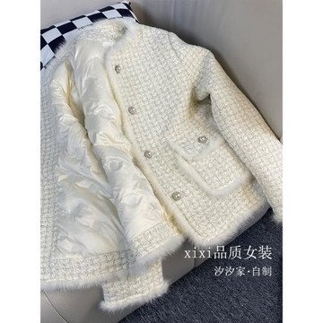 小香風羽絨服女冬季2024新款高端法式水貂毛拼接羊毛粗花呢子外套